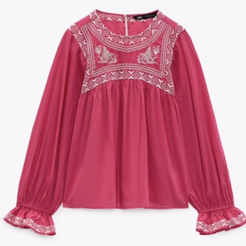 ZARA size medium COTTON PINK white BOHO EMBROIDERED long sleeve top